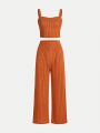 SHEIN Teen Girls' Sleeveless Crop Top And Wide Leg Pants Set With Crinkle Texture For Holiday Leisure