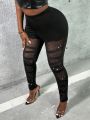 SHEIN Slayr Rhinestone See-through Mesh Patchwork Leggings