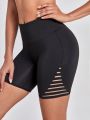 Wide Waistband Laddering Cutout Side Sports Biker Shorts