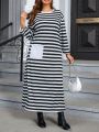SHEIN Mulvari Women's Plus Size Striped Patch Pocket A-line Dress With Round Neck