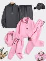 Women'S Letter Patch Zipper Front Sweatshirt And Jogger Pants Two Piece Set