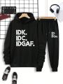 Men's Slogan Print Hooded Sweatshirt And Sweatpant Set With Drawstring