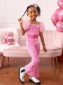 SHEIN Kids Cooltwn Little Girl's Exaggerated Puff Sleeve Sequined Top And Flared Trousers Suit