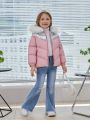 SHEIN Kids EVRYDAY Little Girls' Hooded Collar Cozy Coat With Thick Loose Fit Design, Woven Contrast Coated Fabrics