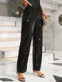 SHEIN BAE Drawstring Waist Sequined Long Pants