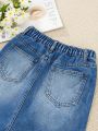 Tween Girls' New Arrival Casual & Fashionable Workwear Style High-Slit Denim Skirt With Washing Effect