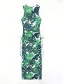 SHEIN Swim Vcay Women's Tropical Printed Tie Front Split Cover-Up Shirt