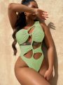 SHEIN Swim BAE Women's Green Cutout One Piece Swimsuit