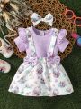 Baby Ruffle Trim Top & Floral Print Suspender Skirt With Headband