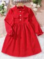 Girls' Thickened Red Dress With False Pocket And Pleated Hem Design