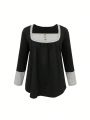 Plus Size Women's Contrast Color Long Sleeve T-shirt