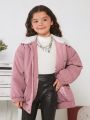 SHEIN Kids Cooltwn Tween Girl Letter Patched Borg Collar Drop Shoulder Corduroy Jacket