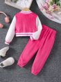 SHEIN Kids Y2Kool Girls' (toddler/little Kid) Contrast Color Letter Patch Fleece Jacket And Pants 2pcs Outfit