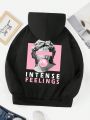 Teen Girls Letter & Figure Graphic Kangaroo Pocket Drawstring Hoodie