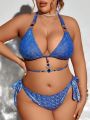 SHEIN Swim SXY Plus Size Blue Gemstone Backless Halter Swimsuit