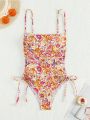 SHEIN Swim BohoFeel Women's One-Piece Swimsuit With Floral Print And Drawstring