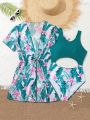 Teen Girls' Tropical Print One-Piece Swimsuit Set