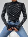 SHEIN Privé Women's Rhinestone Embellished Grid Pattern Stand Collar T-shirt