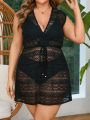 SHEIN Swim BohoFeel Plus Size 1pc Sleeveless Knitted Cover Up With Drawstring Waist And Hollow Out Design