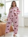 Plus Size Heart Printed Long Sleeve Pajama Set