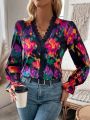 SHEIN LUNE Tie-dye Lace Patchwork V-neck Blouse