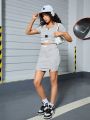 Teen Girls' Knitted Ribbed Letter Tape 2 In 1 T-Shirt Skirt Set