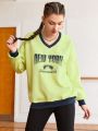 Street Sport Letter Print Contrast Trim V-Neck Sweatshirt