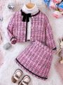 SHEIN Kids CHARMNG Young Girl Plaid Print Contrast Trim Jacket & Skirt & Bow Tie