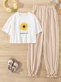 Teen Girls' Sunflower & Letter Print Short Sleeve T-Shirt And Jogger Pants Casual 2pcs Outfits