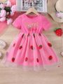 SHEIN Kids QTFun Little Girls' Strawberry Printed Mesh Dress For Spring/Summer