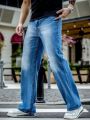 Men Bleach Wash Straight Leg Jeans