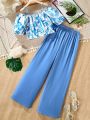 2pcs Teen Girl's Tropical Print Hollow Shoulder Crop Top And Denim Flare Pants Set, Summer