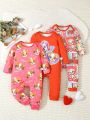 Baby Girls' Cute Dog & Letter Print Long Sleeve 3-Pack Jumpsuit