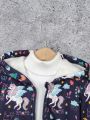 SHEIN Kids Y2Kool Girls Autumn And Winter Cartoon Unicorn Rainbow Pattern Hooded Zipper Jacket Going Out Warm Jacket