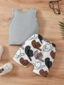 Baby Boy's Cute Casual Denim Hat Printed Vest Top And Shorts Set For Summer