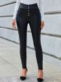 SHEIN Clasi Button-Front Slim Fit Pu Leather Pants