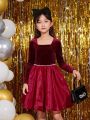 SHEIN Kids KDOMO Tween Girl Square Neck Velvet Dress Without Belt