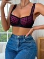 Houndstooth Print Lace Trim Underwire Bra