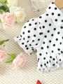 Baby Girls' Polka Dot Puff Sleeve White Top And Black Spaghetti Strap Dress Set