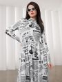 SHEIN Mulvari Women'S Long Sleeve Dress With Stand Collar And Slogan Print Design