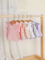 SHEIN 5pcs Newborn Baby Girls' Simple Style Tops With Scalloped Hem, Solid Stripes, Fashionable Round Neck T-shirts, Casual, Comfortable And Breathable, Suitable For Autumn And Winter