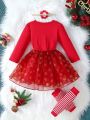 Young Girl Christmas Print Mesh Hem Dress