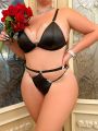 Plus Size Women'S Wire-Free Bra And Panty Set With Chain Detailing