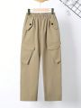 SHEIN Tween Boys' Loose Casual Woven Solid Color Wide-Leg Cargo Trousers