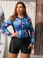 SHEIN Swim SPRTY Plus Size Long Sleeve One Piece Swimsuit With Tropical Print