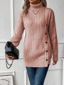 Turtleneck Drop Shoulder Button Detail Sweater