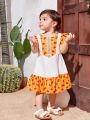 SHEIN Baby Girl Casual Summer Holiday Floral Pattern Color Block Short Sleeve Dress