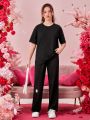 Teen Girls' Basic Black Short Sleeve T-Shirt And Pants Two Pieces Set