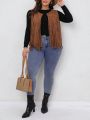 SHEIN CURVE+ Plus Fringe Trim Open Front Vest Jacket