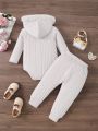 Baby Girls' Solid Color Hooded Jumpsuit & Trousers Set With Fur Collar